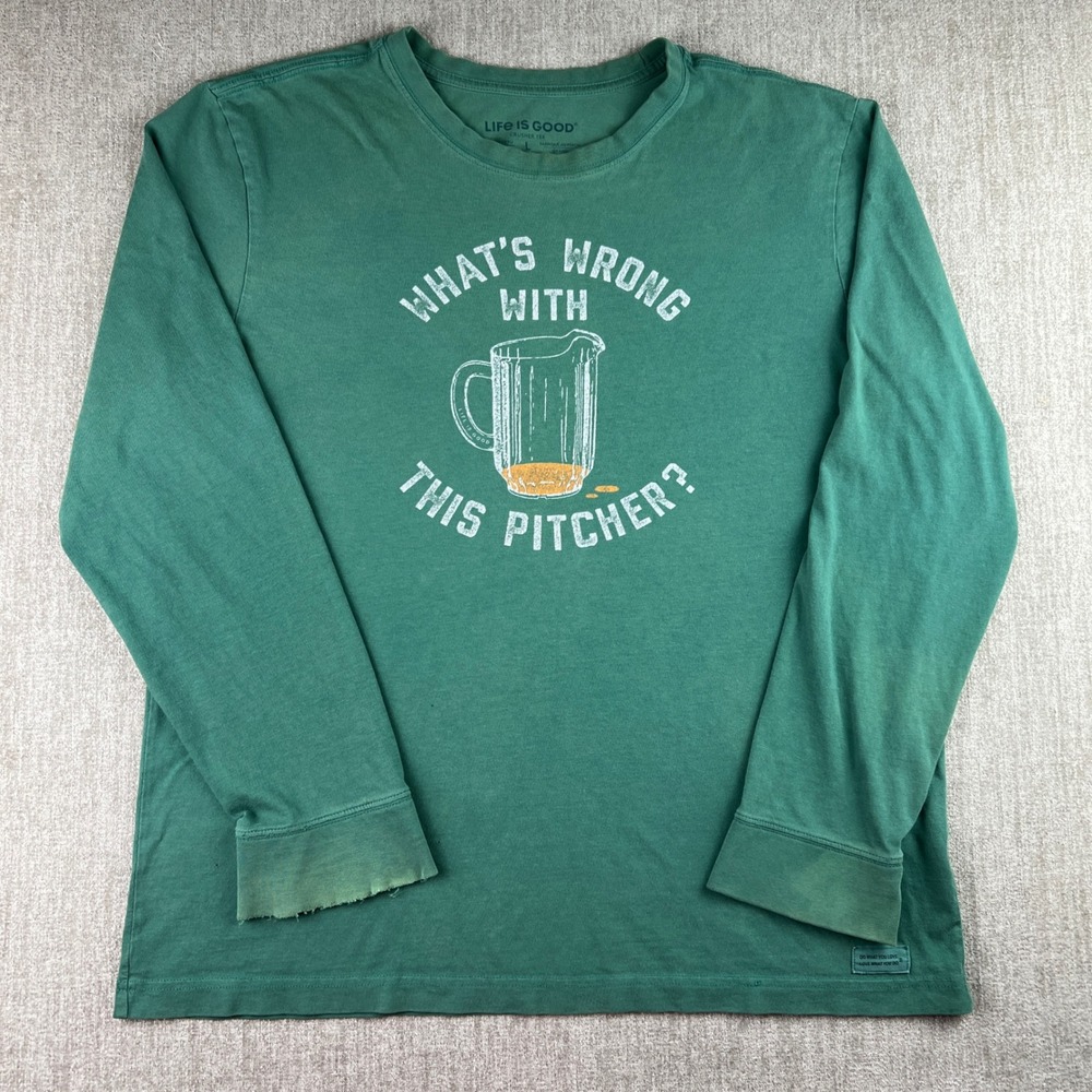 Life is Good Graphic Long Sleeve T-Shirt Mens L Green Beer Pitcher Distressed